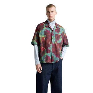 ZARA Men Boxy Relaxed Fit Burgundy Green Floral Short Sleeve Shirt Cotton Medium